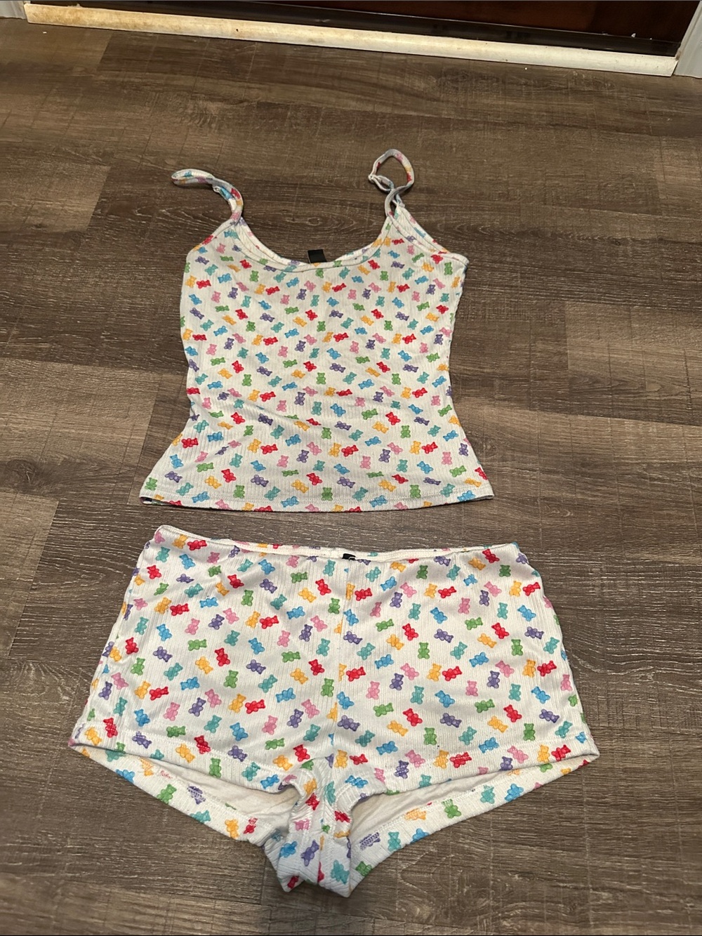 Windsor White Gummy Bear Print Ribbed Tank & Shorts Pajama Set